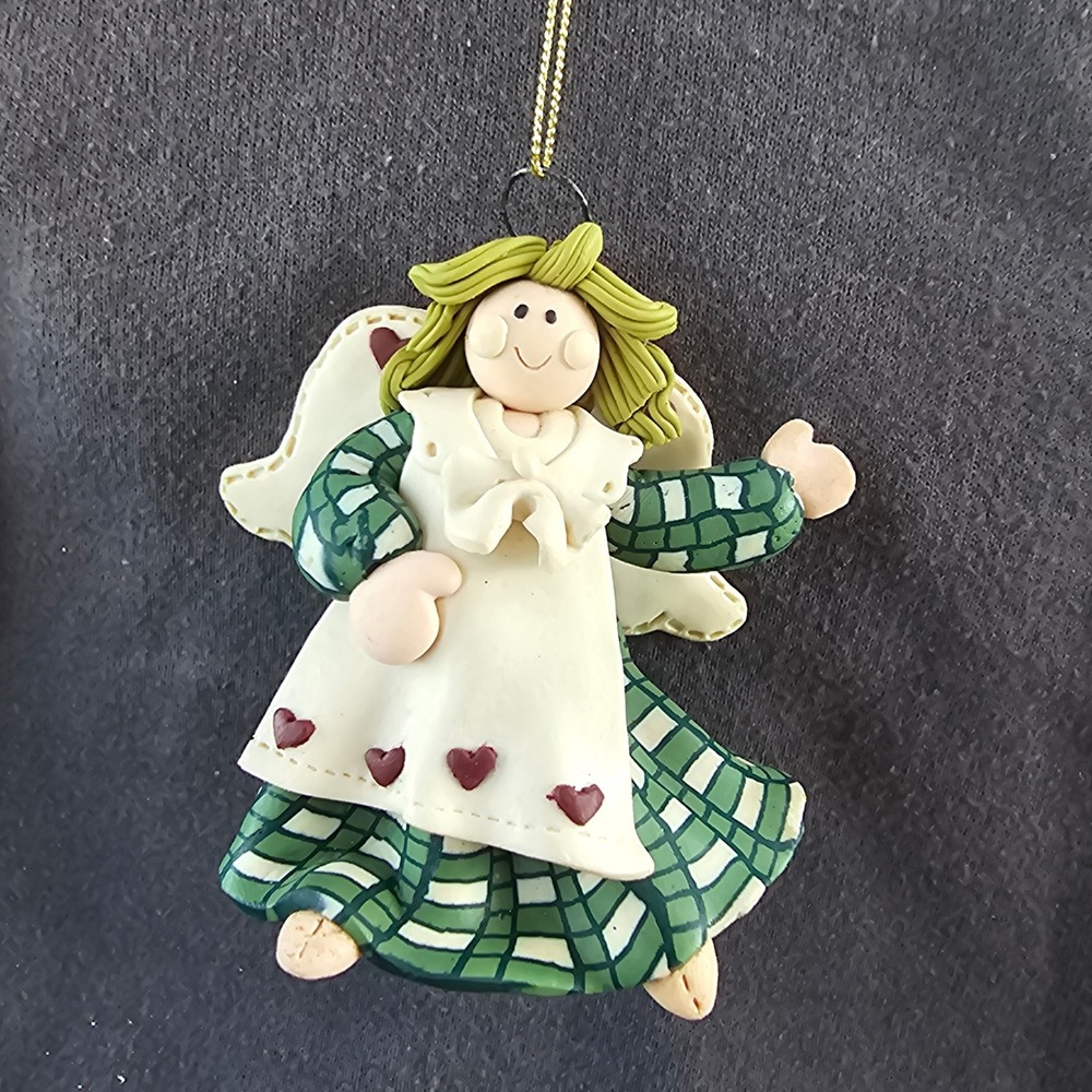 Handmade Polymer Clay Angel Ornament Green Checkered Dress Hearts Folk Art